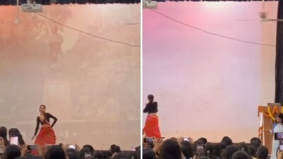 The image shows a student dancing to Jadoo Ki Jhappi, with a picture of Swami Vivekananda in the background. Her principal removed it. (Facebook/Khushi Mishra ) The image shows a student dancing to Jadoo Ki Jhappi, with a picture of Swami Vivekananda in the background. Her principal removed it. (Facebook/Khushi Mishra )
