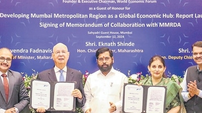 Mumbai: Maharashtra Chief Minister Eknath Shinde, Deputy Chief Minister Devendra Fadnavis, Founder and Executive Chairman of World Economic Forum (WEF) Klaus Schwab (2L), Maharashtra Chief Secretary Sujata Saunik (2R) and others during signing of a memorandum of collaboration between Mumbai Metropolitan Region Development Authority (MMRDA) and WEF, in Mumbai, Thursday, Sept. 12, 2024. (PTI Photo) (PTI09_12_2024_000204B) (PTI) Mumbai: Maharashtra Chief Minister Eknath Shinde, Deputy Chief Minister Devendra Fadnavis, Founder and Executive Chairman of World Economic Forum (WEF) Klaus Schwab (2L), Maharashtra Chief Secretary Sujata Saunik (2R) and others during signing of a memorandum of collaboration between Mumbai Metropolitan Region Development Authority (MMRDA) and WEF, in Mumbai, Thursday, Sept. 12, 2024. (PTI Photo) (PTI09_12_2024_000204B) (PTI)