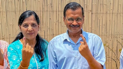 Delhi Chief Minister Arvind Kejriwal, along with his wife Sunita Kejriwal cast their ballots at a polling booth in the Civil Lines area of the Chandni Chowk Lok Sabha constituency in New Delhi. (PTI) Delhi Chief Minister Arvind Kejriwal, along with his wife Sunita Kejriwal cast their ballots at a polling booth in the Civil Lines area of the Chandni Chowk Lok Sabha constituency in New Delhi. (PTI)