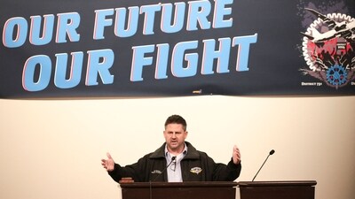 Aerospace Machinists District 751 President Jon Holden announces that union members have rejected a proposed Boeing contract and will go on strike, following voting results at their union hall in Seattle, Washington, on September 12, 2024. (AFP)