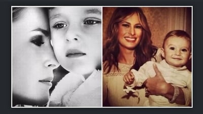 Melania Trump, in the fourth video that has been posted on X in a week, sprang into frame with a monochrome photo holding now-18-year-old Barron. (Melania/X) Melania Trump, in the fourth video that has been posted on X in a week, sprang into frame with a monochrome photo holding now-18-year-old Barron. (Melania/X)