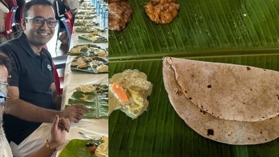 Ather Energy's Onam celebration sparked outrage online after including chapati in the traditional Sadya. (X/@tarunsmehta) Ather Energy's Onam celebration sparked outrage online after including chapati in the traditional Sadya. (X/@tarunsmehta)