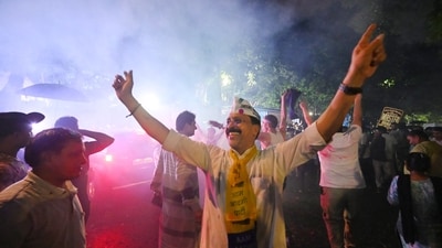 A man dressed as Arvind Kejriwal celebrated as the Delhi CM walked out of jail. AAP workers burst firecrackers and showered Kejriwal with confetti and flowers upon his release. (HT photo/ Sanchit Khanna) (HT Photo) A man dressed as Arvind Kejriwal celebrated as the Delhi CM walked out of jail. AAP workers burst firecrackers and showered Kejriwal with confetti and flowers upon his release. (HT photo/ Sanchit Khanna) (HT Photo)