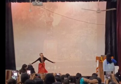 A principal asks someone to shut off a screen showing Swami Vivekananda’s pic. (Facebook/Khushi Mishra ) A principal asks someone to shut off a screen showing Swami Vivekananda’s pic. (Facebook/Khushi Mishra )