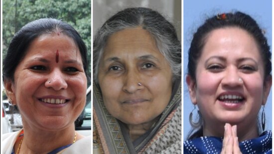 From left: Congress’ Geeta Bhukkal, Independent Savitri Jindal and BJP’s Arti Rao. (HT File)