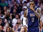 USA's LeBron James reacts in the men's preliminary round group C basketball match between Serbia and USA during the Paris 2024 Olympic Games at the Pierre-Mauroy stadium in Villeneuve-d'Ascq, northern France, on July 28, 2024. USA's LeBron James reacts in the men's preliminary round group C basketball match between Serbia and USA during the Paris 2024 Olympic Games at the Pierre-Mauroy stadium in Villeneuve-d'Ascq, northern France, on July 28, 2024.
