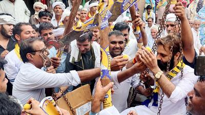 AAP candidate from Meham assembly constituency Vikas Nehra in Meham on Saturday. (AAP Haryana-x)