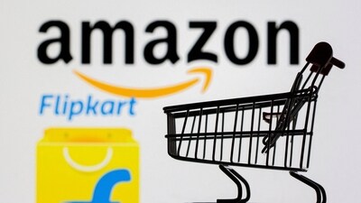 Small toy shopping cart is seen in front of displayed Amazon and Flipkart logos in this picture illustration taken, July 30, 2021 ((Dado Ruvic/Reuters))