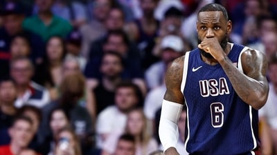 USA's LeBron James reacts in the men's preliminary round group C basketball match between Serbia and USA during the Paris 2024 Olympic Games at the Pierre-Mauroy stadium in Villeneuve-d'Ascq, northern France, on July 28, 2024. (AFP / Sameer Al-Doumy) USA's LeBron James reacts in the men's preliminary round group C basketball match between Serbia and USA during the Paris 2024 Olympic Games at the Pierre-Mauroy stadium in Villeneuve-d'Ascq, northern France, on July 28, 2024. (AFP / Sameer Al-Doumy)