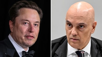 This combination of files pictures created on August 29, 2024 shows South African businessman Elon Musk arriving at the Tenth Breakthrough Prize Ceremony at the Academy Museum of Motion Pictures in Los Angeles, California, on April 13, 2024, and the Supreme Courts Judge Alexandre de Moraes speaking during a session in Brasilia on June 18, 2024, to analyse charges against alleged silent partners in the murder of Rio de Janeiro councilwoman Marielle Franco. (ETIENNE LAURENT and EVARISTO SA/AFP)