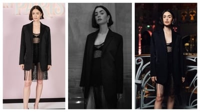 Lily Collins for Season 4, part 2 of Emily in Paris promotions donned a sleek, monochrome look. The tailored blazer was worn atop a black mesh dress with fringes at the hem for a flapper-like vibe to her outfit. It exuded high-fashion chic. (Instagram/@lilycollins) Lily Collins for Season 4, part 2 of Emily in Paris promotions donned a sleek, monochrome look. The tailored blazer was worn atop a black mesh dress with fringes at the hem for a flapper-like vibe to her outfit. It exuded high-fashion chic. (Instagram/@lilycollins)