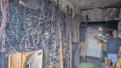 Mumbai, India - Sept. 14, 2024: Fire broken out to Shanti Sagar Building, Ramabai Nagar, Ghatkopar, fire caught to electric wiring, electric installation etc in common electric meter cabin at ground floor of ground plus upper seven floored building, 12 people admitted in the Rajawadi hospital Ghatkopar in Mumbai, India, on Saturday, September 14, 2024. (Photo by Satish Bate/ Hindustan Times) (Hindustan Times) Mumbai, India - Sept. 14, 2024: Fire broken out to Shanti Sagar Building, Ramabai Nagar, Ghatkopar, fire caught to electric wiring, electric installation etc in common electric meter cabin at ground floor of ground plus upper seven floored building, 12 people admitted in the Rajawadi hospital Ghatkopar in Mumbai, India, on Saturday, September 14, 2024. (Photo by Satish Bate/ Hindustan Times) (Hindustan Times)