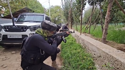 Security personnel during an encounter with militants at Chak Tapper Kreeri Pattan area, in Baramulla district, Jammu and Kashmir (PTI Photo) (PTI) Security personnel during an encounter with militants at Chak Tapper Kreeri Pattan area, in Baramulla district, Jammu and Kashmir (PTI Photo) (PTI)