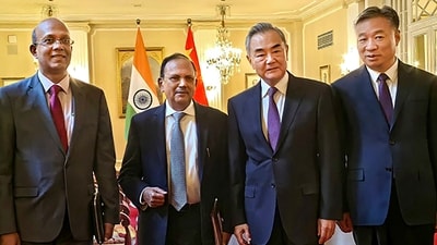 St Petersburg: National Security Advisor Ajit Doval with Chinese foreign minister Wang Yi during their talks, in St. Petersburg, Russia, on September 12, 2024. (PTI) St Petersburg: National Security Advisor Ajit Doval with Chinese foreign minister Wang Yi during their talks, in St. Petersburg, Russia, on September 12, 2024. (PTI)