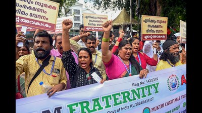 Thiruvananthapuram: Members of Malayalam film fraternity and Association of Malayalam Movie Artists (AMMA) stage a protest march to the Secretariat demanding fair wages, safety and security at the workplace in the wake of the recent Hema Committee report, in Thiruvananthapuram, Wednesday, Sept. 4, 2024. (PTI Photo) (PTI) Thiruvananthapuram: Members of Malayalam film fraternity and Association of Malayalam Movie Artists (AMMA) stage a protest march to the Secretariat demanding fair wages, safety and security at the workplace in the wake of the recent Hema Committee report, in Thiruvananthapuram, Wednesday, Sept. 4, 2024. (PTI Photo) (PTI)