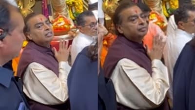 Mukesh Ambani waits for his daughters-in-law, Shloka and Radhika, during the Aarti at Lalbaugcha Raja temple. (Instagram/@htlifestyle) Mukesh Ambani waits for his daughters-in-law, Shloka and Radhika, during the Aarti at Lalbaugcha Raja temple. (Instagram/@htlifestyle)