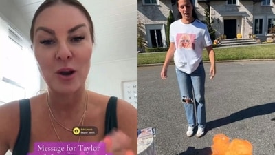 (Left): A "concerned mother" directs a seething rant at Taylor Swift after her Harris endorsement. (Right): A presumably former Swiftie torches her 'Speak Now (Taylor's Version) vinyl and replaces her TS merch with MAGA kit. (X/Twitter; TikTok) (Left): A "concerned mother" directs a seething rant at Taylor Swift after her Harris endorsement. (Right): A presumably former Swiftie torches her 'Speak Now (Taylor's Version) vinyl and replaces her TS merch with MAGA kit. (X/Twitter; TikTok)