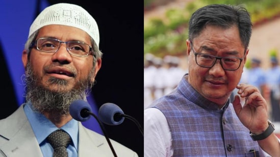 Fugitive Islamic preacher Zakir Naik and Union minister Kiren Rijiju. (File)
