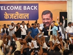 Arvind Kejriwal announced his resignation while addressing AAP workers in Delhi (Arvind Yadav/Hindustan Times)