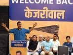 Delhi chief minister and Aam Aadmi Party (AAP) national convener Arvind Kejriwal address party workers where he announced that he will resign from his post in the next two days. (Arvind Yadav/HT Photo)(HT_PRINT)