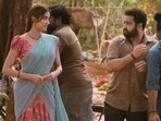 Janhvi Kapoor and Jr NTR in a still from Devara. Janhvi Kapoor and Jr NTR in a still from Devara.