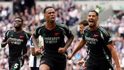 Arsenal's Gabriel, center, celebrates after scoring the opening goal during the English Premier League soccer match between Tottenham Hotspur and Arsenal in London. (AP) Arsenal's Gabriel, center, celebrates after scoring the opening goal during the English Premier League soccer match between Tottenham Hotspur and Arsenal in London. (AP)