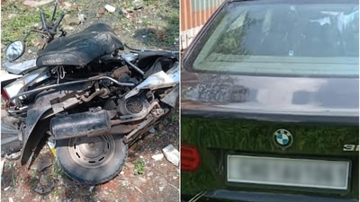 The scooter was badly damaged after being hit by a BMW in Indore. The scooter was badly damaged after being hit by a BMW in Indore.