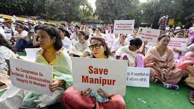 People take part in a protest orgainsed by Delhi Meetei Co-ordinating Committee over recent violence in Manipur, at Jantar Mantar in Delhi on Sunday. (Sanjeev Verma/HT Photo) People take part in a protest orgainsed by Delhi Meetei Co-ordinating Committee over recent violence in Manipur, at Jantar Mantar in Delhi on Sunday. (Sanjeev Verma/HT Photo)