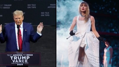 On September 15, Donald Trump's brief and all-caps confession on Truth Social -- " I HATE TAYLOR SWIFT!!" -- declared his innate thoughts about the pop star. (AP Photo/Ross D. Franklin, @taylorswift/Instagram) On September 15, Donald Trump's brief and all-caps confession on Truth Social -- " I HATE TAYLOR SWIFT!!" -- declared his innate thoughts about the pop star. (AP Photo/Ross D. Franklin, @taylorswift/Instagram)