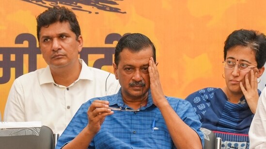 Delhi chief minister Arvind Kejriwal during AAP workers' meeting, in New Delhi, Sunday. (PTI)