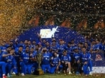 Meerut Mavericks celebrate after beating team Kanpur 