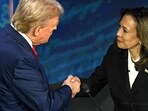 US Vice President and Democratic presidential candidate Kamala Harris (R) shakes hands with former US President and Republican presidential candidate Donald Trump during a presidential debate at the National Constitution Center in Philadelphia, Pennsylvania, on Wednesday. (AFP) US Vice President and Democratic presidential candidate Kamala Harris (R) shakes hands with former US President and Republican presidential candidate Donald Trump during a presidential debate at the National Constitution Center in Philadelphia, Pennsylvania, on Wednesday. (AFP)