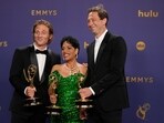 Jeremy Allen White, winner of the award for outstanding lead actor in a comedy series for "The Bear", from left, Liza Colon-Zayas, winner of the award for outstanding supporting actress in a drama series for "The Bear", and Ebon Moss-Bachrach, winner of the award for outstanding supporting actor in a comedy series for "The Bear".