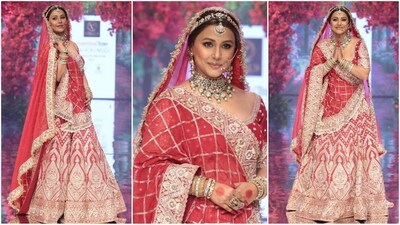 Hina Khan stuns as showstopper at Times Fashion Week 2024, donning an exquisite bridal ensemble. (Instagram) Hina Khan stuns as showstopper at Times Fashion Week 2024, donning an exquisite bridal ensemble. (Instagram)