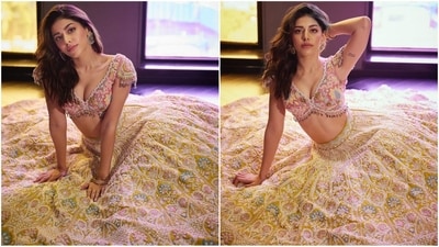 Alaya F stuns in a pastel lehenga with a floral embroidered bralette and tassel hemline, paired with a matching flared skirt, exuding effortless glamour. (Instagram) Alaya F stuns in a pastel lehenga with a floral embroidered bralette and tassel hemline, paired with a matching flared skirt, exuding effortless glamour. (Instagram)