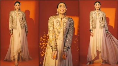 Karisma Kapoor stuns in an ivory anarkali kurta with an uneven hemline, paired with a chic mirror-work embellished jacket, she blends traditional style with modern flair. (Instagram) Karisma Kapoor stuns in an ivory anarkali kurta with an uneven hemline, paired with a chic mirror-work embellished jacket, she blends traditional style with modern flair. (Instagram)