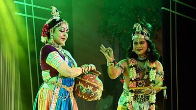 Bollywood actor and BJP MP Hema Malini performs the Bharatanatyam dance drama "Raas Bihari" on the occasion of the Chakradhar festival in Chhattisgarh’s Raigarh on Saturday. (CMO Chhattisgarh-X) Bollywood actor and BJP MP Hema Malini performs the Bharatanatyam dance drama "Raas Bihari" on the occasion of the Chakradhar festival in Chhattisgarh’s Raigarh on Saturday. (CMO Chhattisgarh-X)