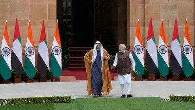 Indian Prime Minister Narendra Modi, right, talks to Abu Dhabi's Crown Prince Sheikh Khaled Bin Mohammed Bin Zayed Al Nahyan upon his arrival in New Delhi, India, Monday, Sept. 9, 2024. (AP Photo/Manish Swarup) (AP) Indian Prime Minister Narendra Modi, right, talks to Abu Dhabi's Crown Prince Sheikh Khaled Bin Mohammed Bin Zayed Al Nahyan upon his arrival in New Delhi, India, Monday, Sept. 9, 2024. (AP Photo/Manish Swarup) (AP)