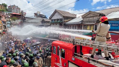 Shimla: Police use water cannon to disperse protestors, who had gathered on the call of Hindu groups, demanding the demolition of an illegal structure in a mosque, at Sanjauli locality in Shimla, Wednesday, Sept 11, 2024. (PTI Photo) (PTI09_11_2024_000246B) (PTI) Shimla: Police use water cannon to disperse protestors, who had gathered on the call of Hindu groups, demanding the demolition of an illegal structure in a mosque, at Sanjauli locality in Shimla, Wednesday, Sept 11, 2024. (PTI Photo) (PTI09_11_2024_000246B) (PTI)