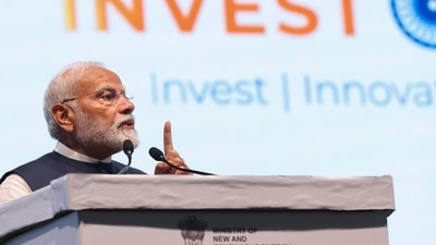 Prime Minister Narendra Modi speaks during the 4th Global Renewable Energy Investors Meet and Expo (RE-INVEST 2024), in Gandhinagar. (PTI) Prime Minister Narendra Modi speaks during the 4th Global Renewable Energy Investors Meet and Expo (RE-INVEST 2024), in Gandhinagar. (PTI)