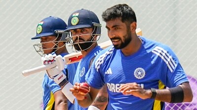 Virat Kohli (C), Yashasvi Jaiswal (L) and Jasprit Bumrah train in Chennai on Monday. (PTI) Virat Kohli (C), Yashasvi Jaiswal (L) and Jasprit Bumrah train in Chennai on Monday. (PTI)