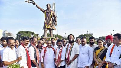 Telangana chief minister A Revanth Reddy along with his cabinet colleagues at the unveiling of the statue of former Prime Minister Rajiv Gandhi in front of the Secretariat, in Hyderabad, on Monday. (PTI) Telangana chief minister A Revanth Reddy along with his cabinet colleagues at the unveiling of the statue of former Prime Minister Rajiv Gandhi in front of the Secretariat, in Hyderabad, on Monday. (PTI)