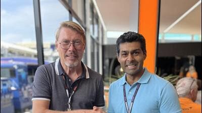 Two-time Formula 1 world champion Mika Hakkinen with Karun Chandhok. (HT Photo) Two-time Formula 1 world champion Mika Hakkinen with Karun Chandhok. (HT Photo)