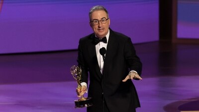 John Oliver accepts the Outstanding Scripted Variety Series award for Last Week Tonight with John Oliver onstage during the 76th Primetime Emmy Awards at Peacock Theater on September 15, 2024 in Los Angeles, California. (Getty Images via AFP)