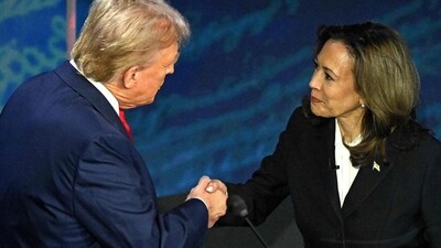 US Vice President and Democratic presidential candidate Kamala Harris (R) shakes hands with former US President and Republican presidential candidate Donald Trump during a presidential debate at the National Constitution Center in Philadelphia, Pennsylvania, on Wednesday. (AFP) US Vice President and Democratic presidential candidate Kamala Harris (R) shakes hands with former US President and Republican presidential candidate Donald Trump during a presidential debate at the National Constitution Center in Philadelphia, Pennsylvania, on Wednesday. (AFP)