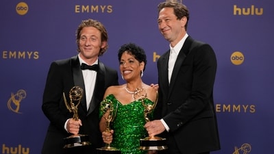 Jeremy Allen White, winner of the award for outstanding lead actor in a comedy series for "The Bear", from left, Liza Colon-Zayas, winner of the award for outstanding supporting actress in a drama series for "The Bear", and Ebon Moss-Bachrach, winner of the award for outstanding supporting actor in a comedy series for "The Bear". (Jae C. Hong/Invision/AP)