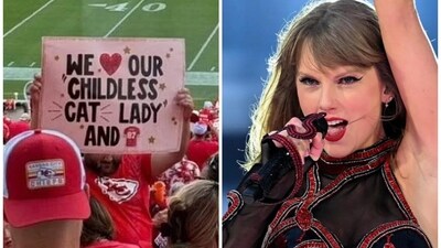 On Sunday, Taylor Swift greeted the fan holding the "we love our childless car lady" banner with a kiss as she burst out laughing on seeing it. (X/AP) On Sunday, Taylor Swift greeted the fan holding the "we love our childless car lady" banner with a kiss as she burst out laughing on seeing it. (X/AP)