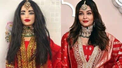 Aishwarya Rai Bachchan’s stunning red Anarkali from the recent Anant Ambani and Radhika Merchant wedding has been recreated in doll form by Sri Lankan artist Nigeshan. Aishwarya Rai Bachchan’s stunning red Anarkali from the recent Anant Ambani and Radhika Merchant wedding has been recreated in doll form by Sri Lankan artist Nigeshan.