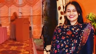 IAS officer Tina Dabi went viral for her surprised reaction to a Sarpanch’s fluent English speech at a function. (X/@KailashSodha_94) IAS officer Tina Dabi went viral for her surprised reaction to a Sarpanch’s fluent English speech at a function. (X/@KailashSodha_94)