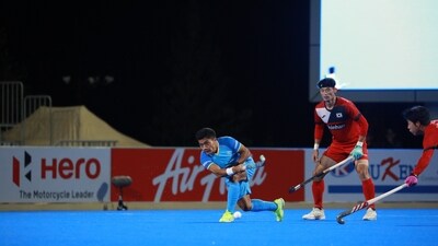 Korea fought back in the third quarter to score their second goal but their goalkeeper handled the ball outside the circle which gifted India a PC at the end of it. (Hockey India) Korea fought back in the third quarter to score their second goal but their goalkeeper handled the ball outside the circle which gifted India a PC at the end of it. (Hockey India)